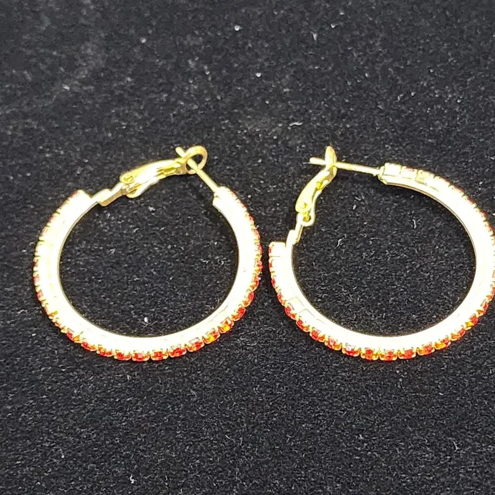Red Crystal Rhinestone Studded Earrings Gold Tone Hoop Omega Closure Valentines